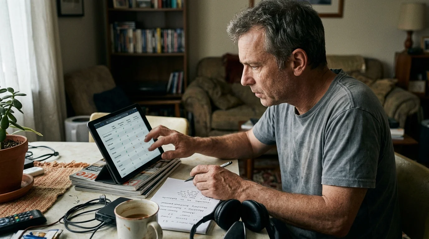 A man sits at a table writing notes while examining a comparison table displayed on a tablet computer.