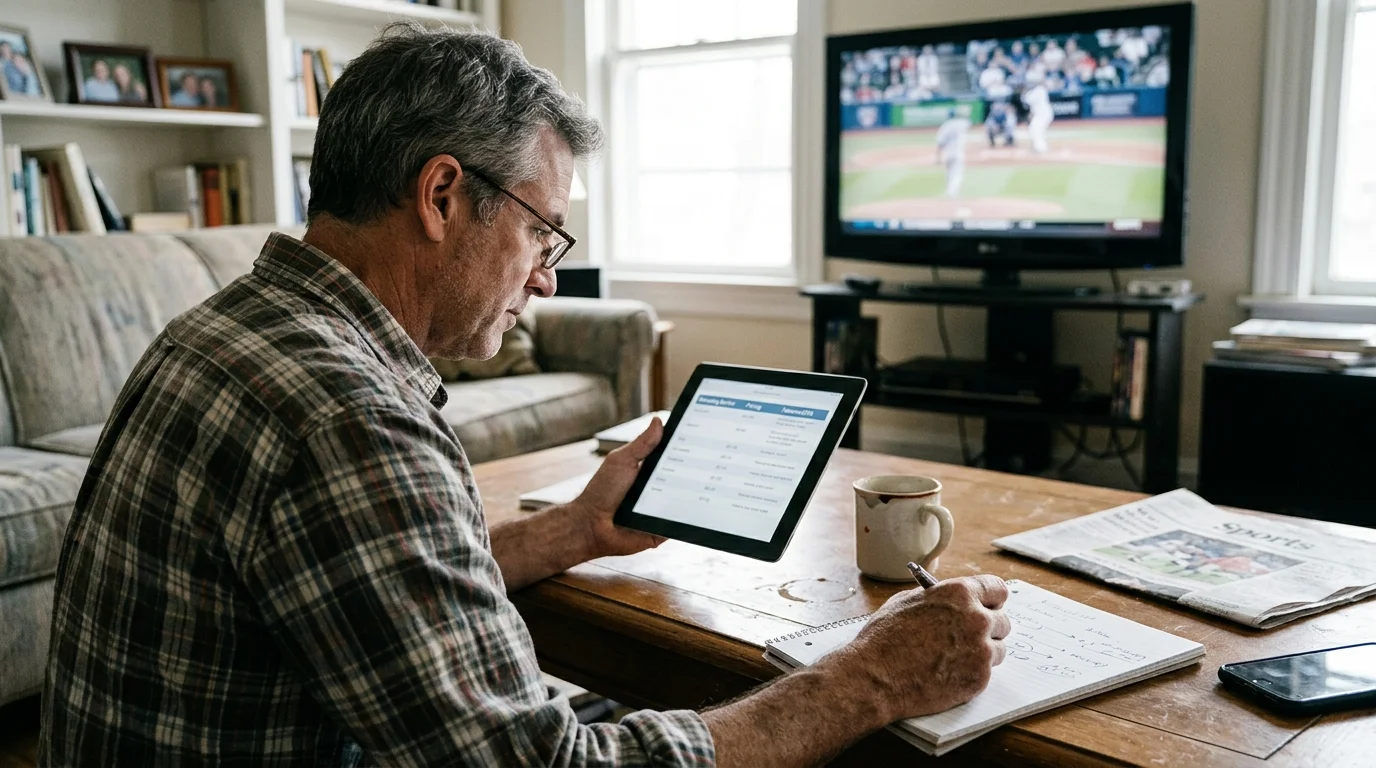 Man sitting at a coffee table holding a tablet and taking notes while a baseball game plays on a TV.
