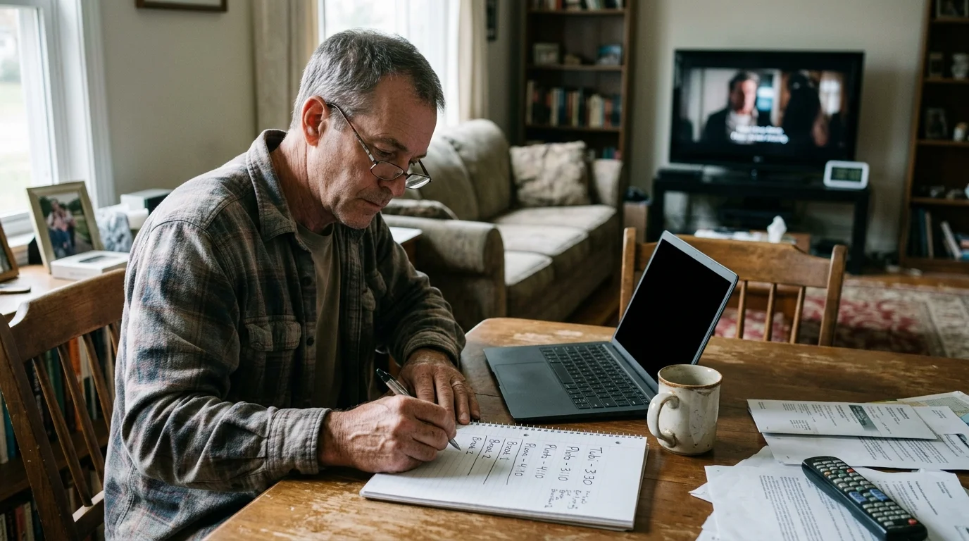 Man writing in a notebook beside a laptop at a table, with a television playing in the living room background.