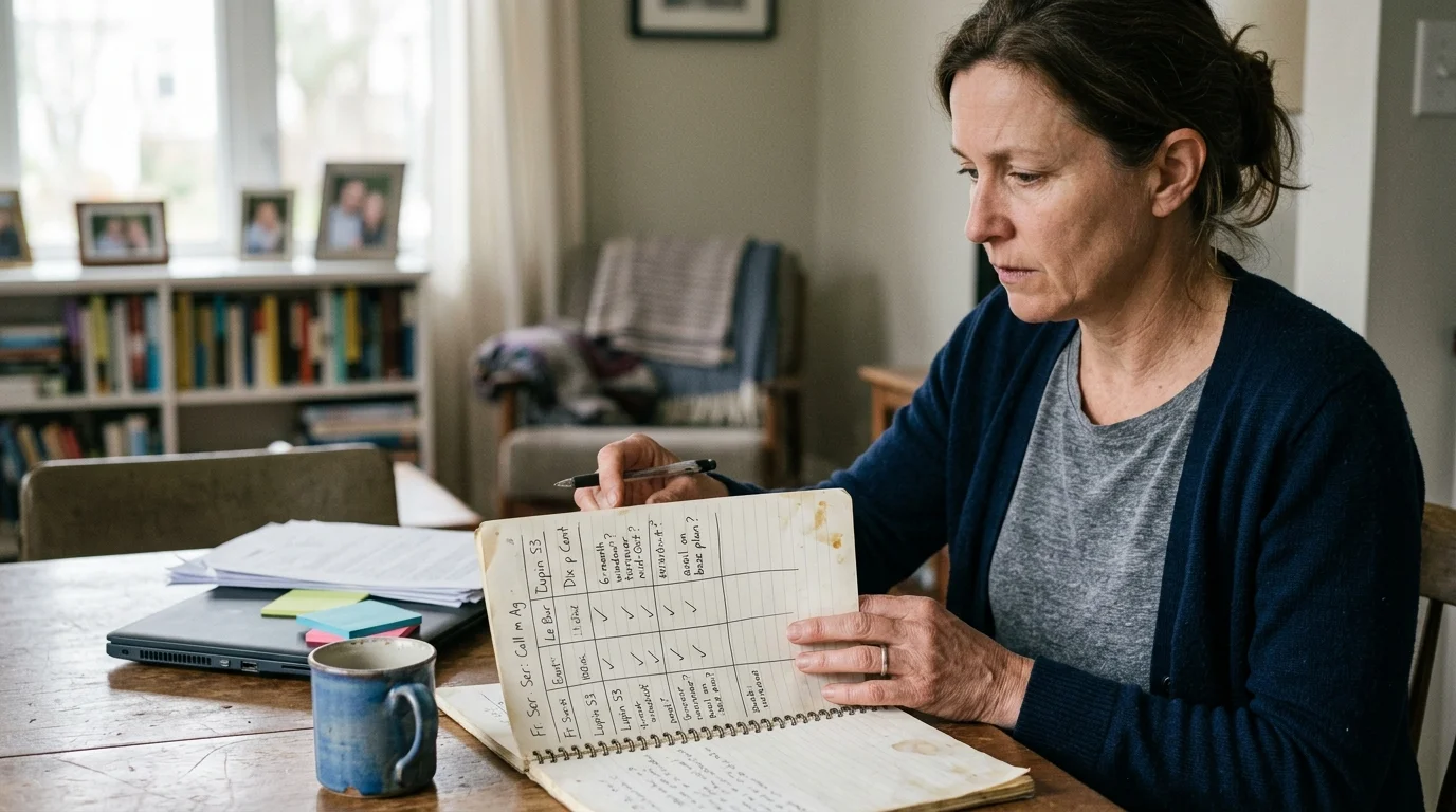 Woman sitting at a table with a pen, reviewing handwritten notes tracking French series titles in a spiral notebook.