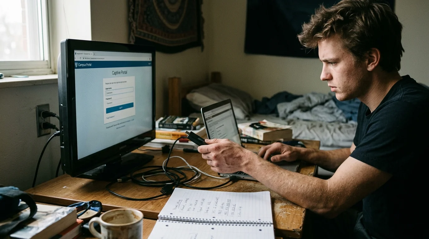 A young man at a dorm desk holding a streaming stick while looking at a monitor displaying a captive portal login screen.