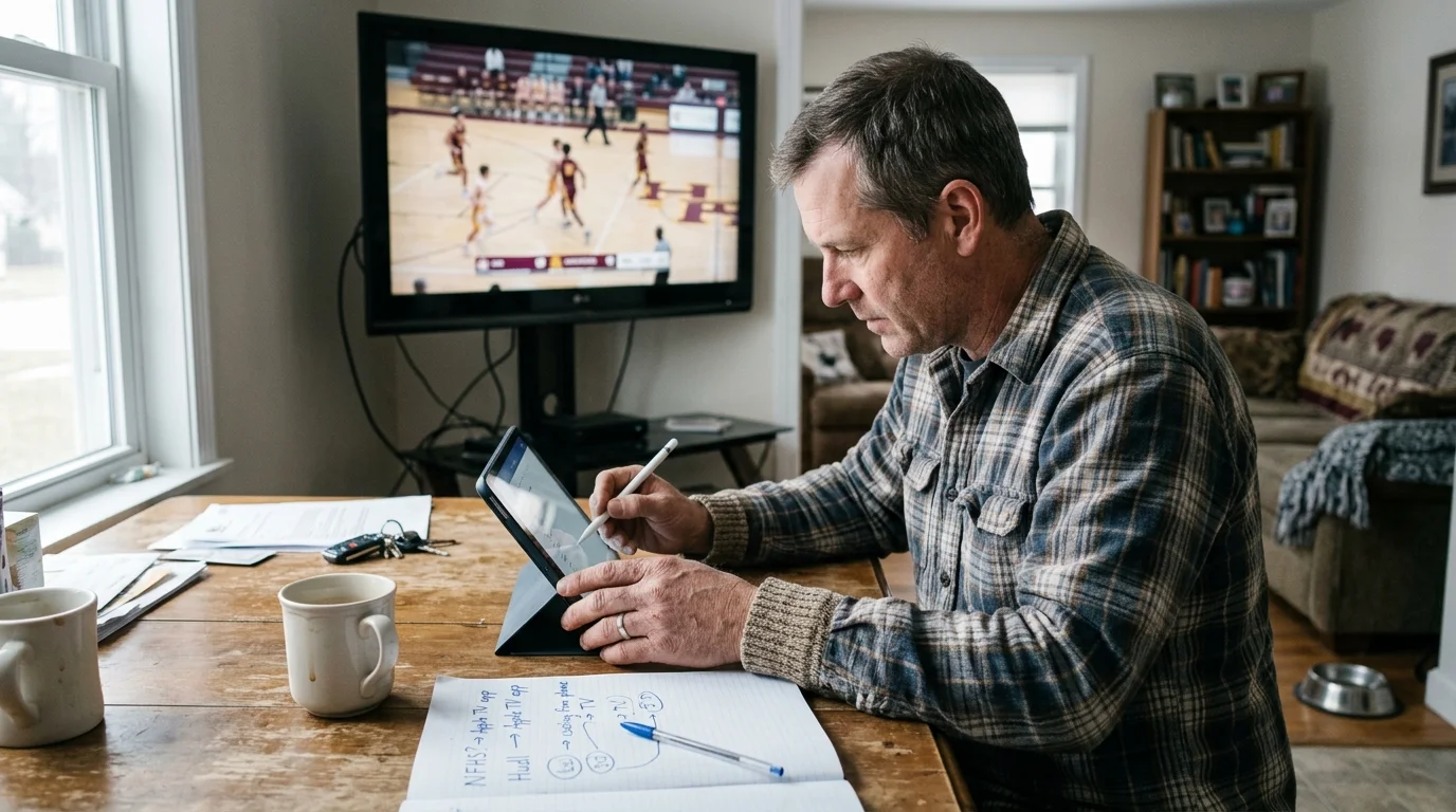 A man at a wooden table takes notes with a tablet and notebook while a basketball game plays on a television behind him.