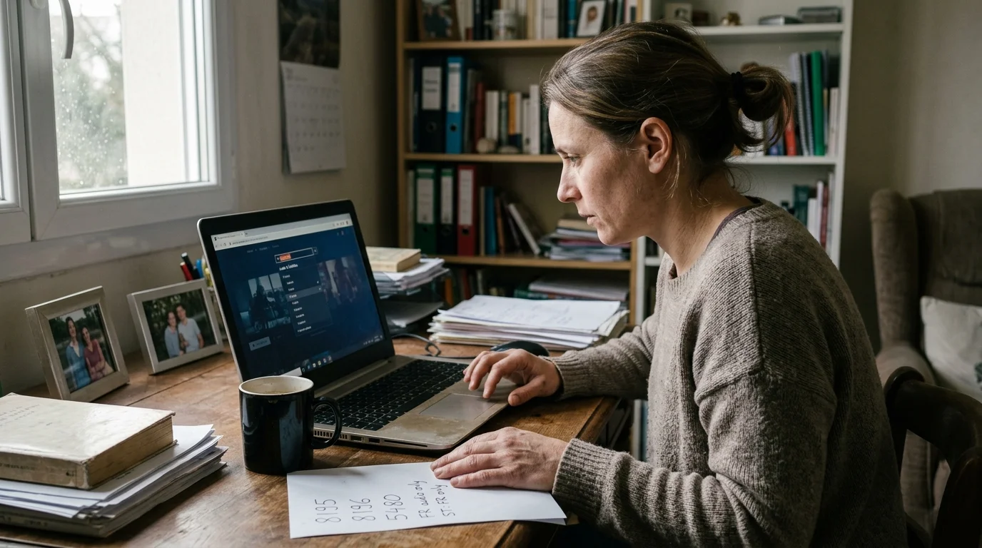 A woman sitting at a desk with a laptop, coffee mug, and handwritten notes in front of a bookshelf.