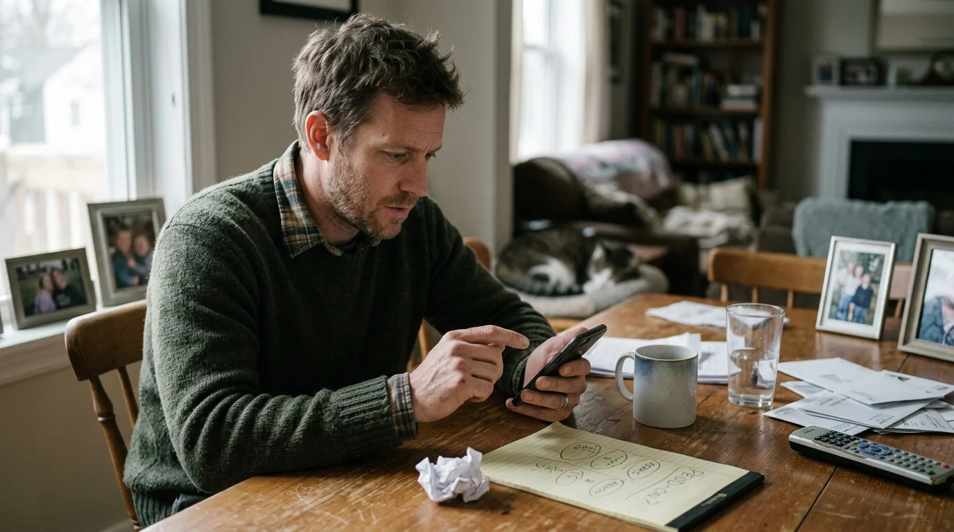 A man seated at a wooden dining table looks intently at his smartphone beside paperwork, a notepad, and a coffee mug.