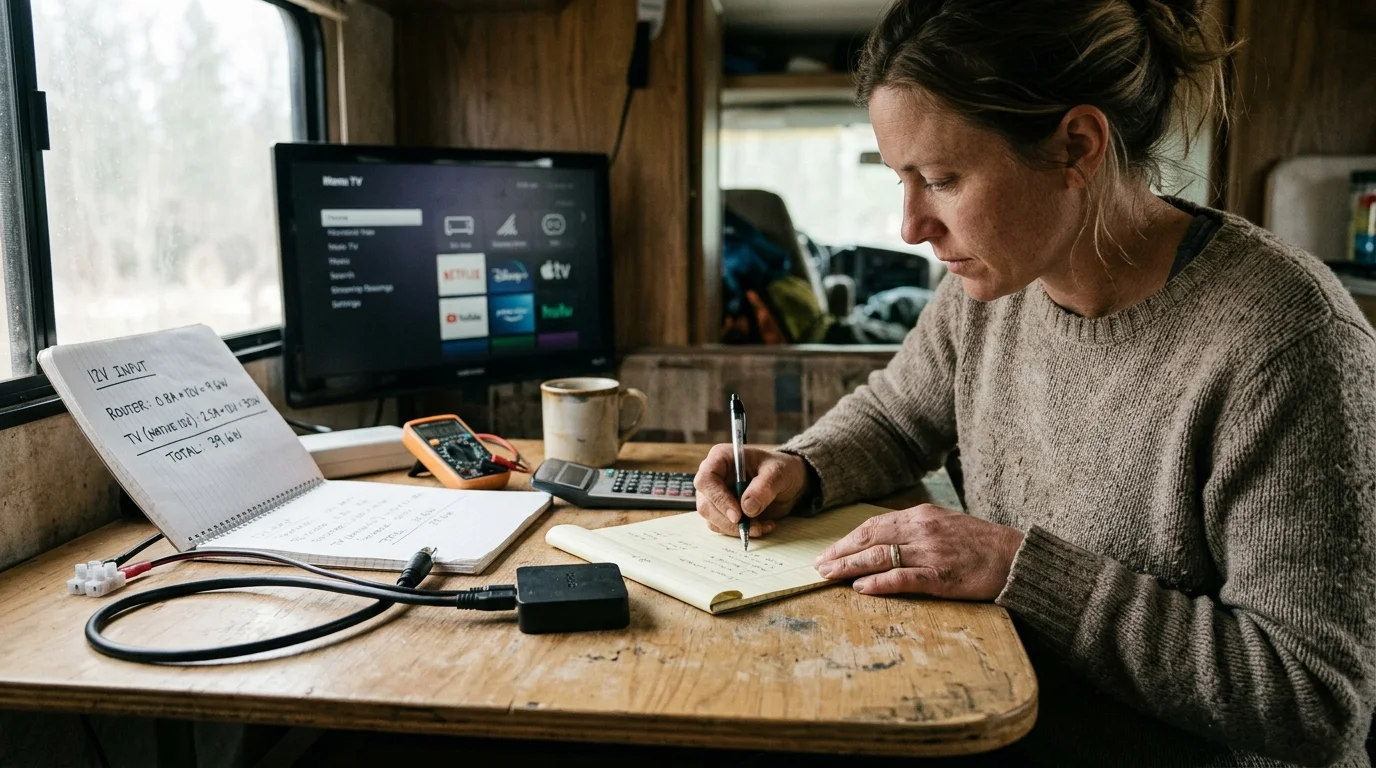 Woman writing notes at an RV table beside a television, notebook with wiring calculations, and a multimeter.