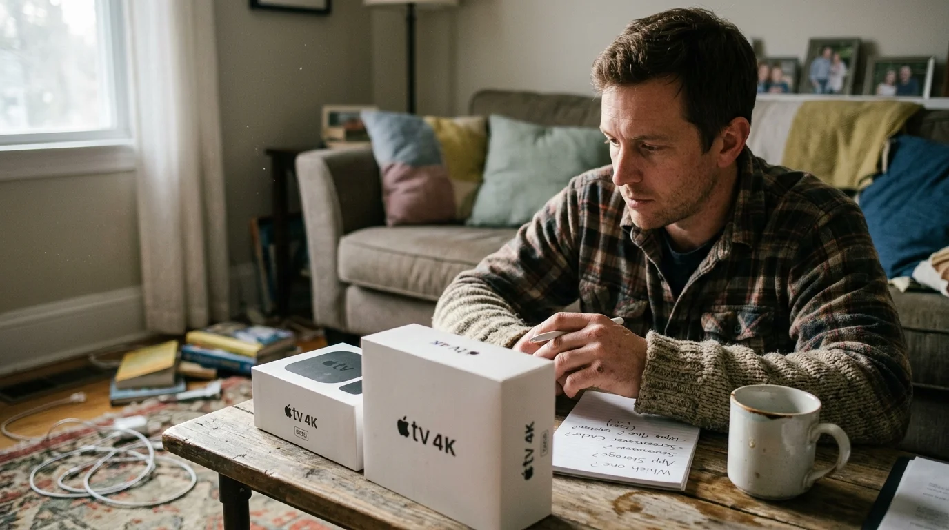 A man sitting at a coffee table holding a pen beside two Apple TV 4K boxes and a notepad.