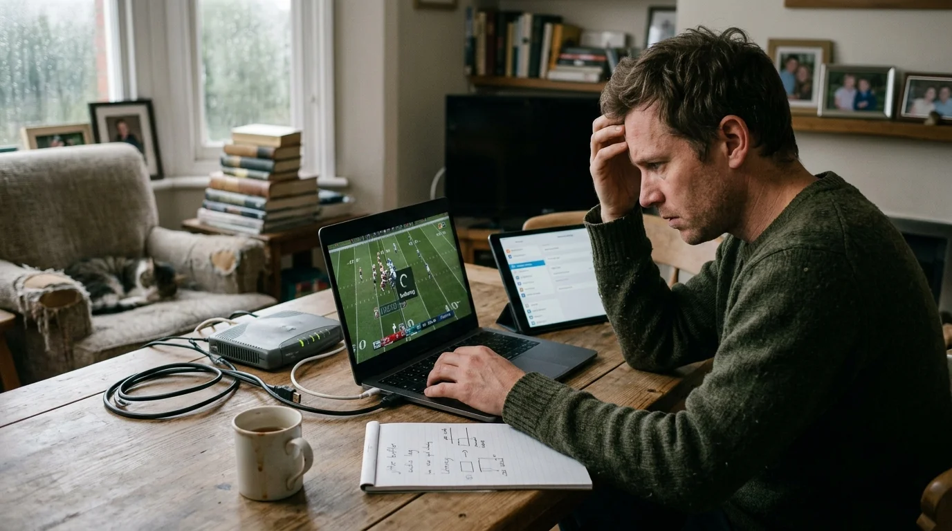 A frustrated man sits at a wooden table with a laptop streaming a football game beside notes and a modem.