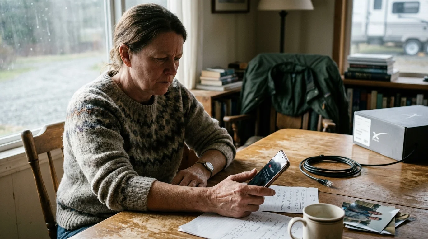 A woman sits at a wooden table looking at her smartphone near a coiled cable and a Starlink box.