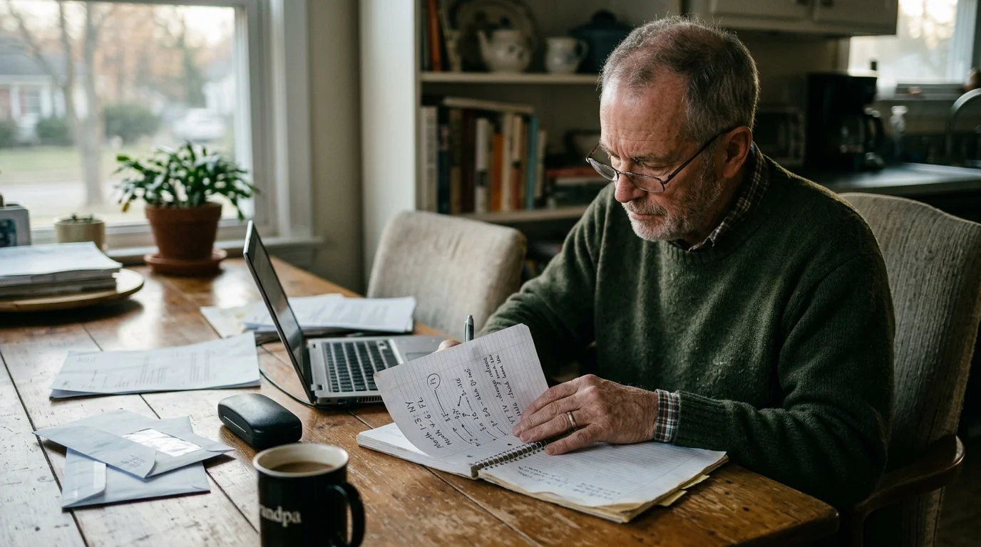 A senior man wearing glasses and a green sweater writes in a notebook at a dining table beside an open laptop and mail.