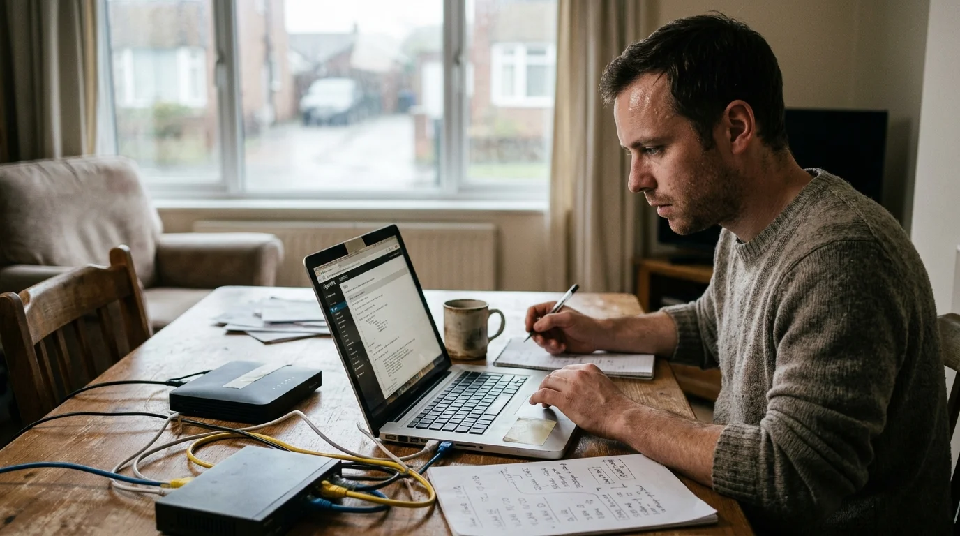 A man sits at a wooden dining table working on a laptop connected by ethernet cables to two network routers.