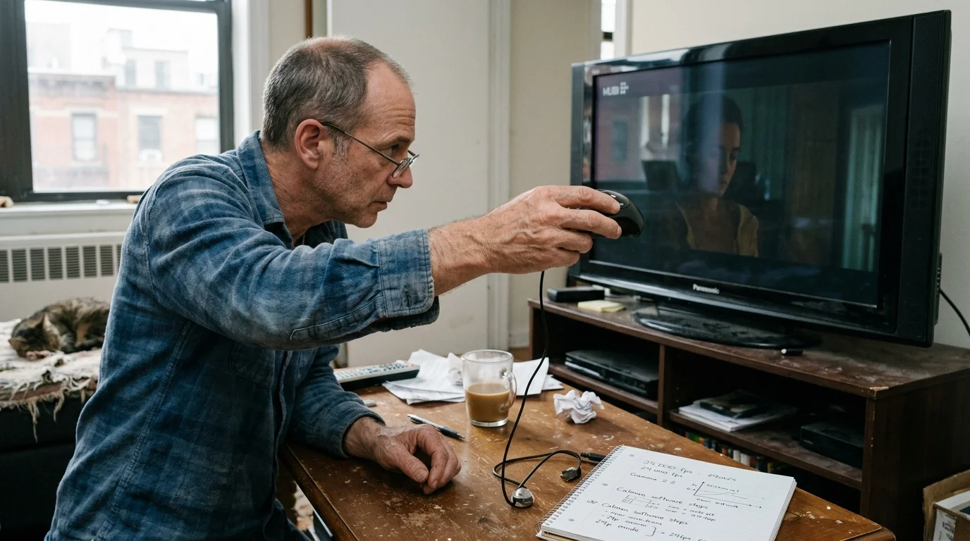 A man holds a display calibration tool toward a Panasonic flat-screen television displaying a movie in an apartment.