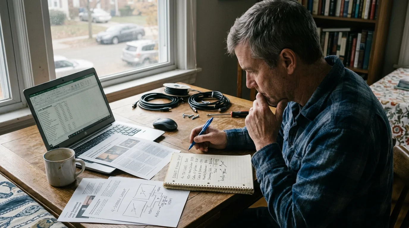 A man sitting at a wooden table with a laptop, spreadsheet, handwritten notes, cables, and wiring diagrams.