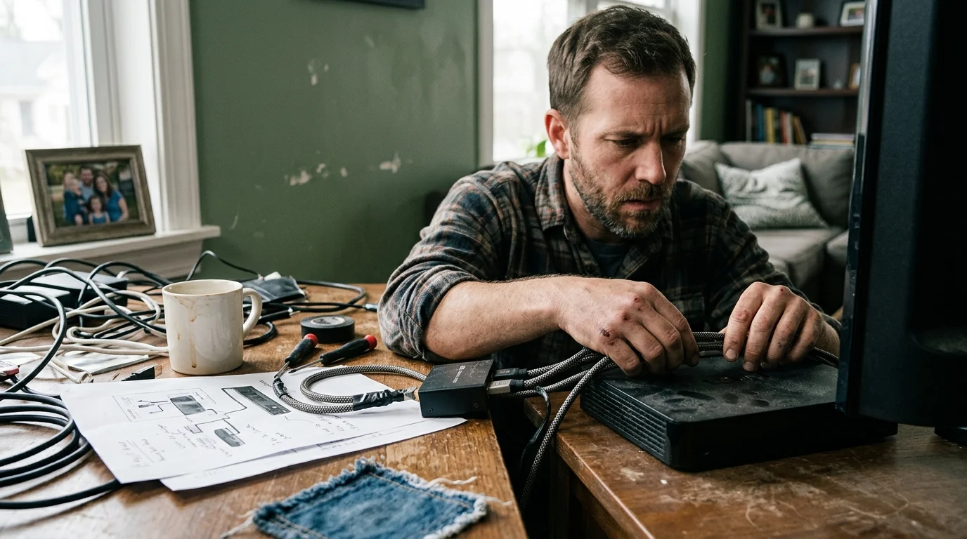 A man at a cluttered wooden table connects braided cables between electronic boxes beside diagrams and a television screen.