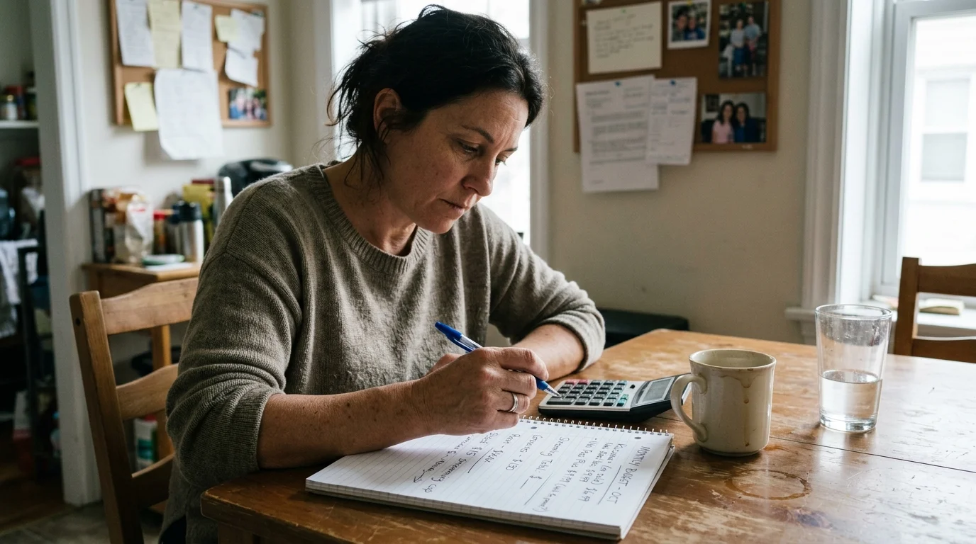 A woman sitting at a wooden table calculates expenses with a pen, notebook, and calculator beside a mug.