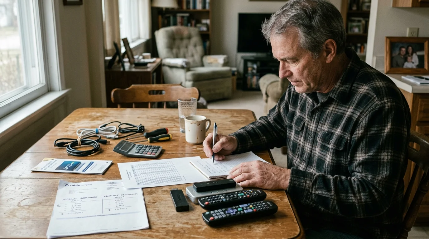 A man at a wooden table calculates expenses on paper near remotes, cables, tools, and a calculator.