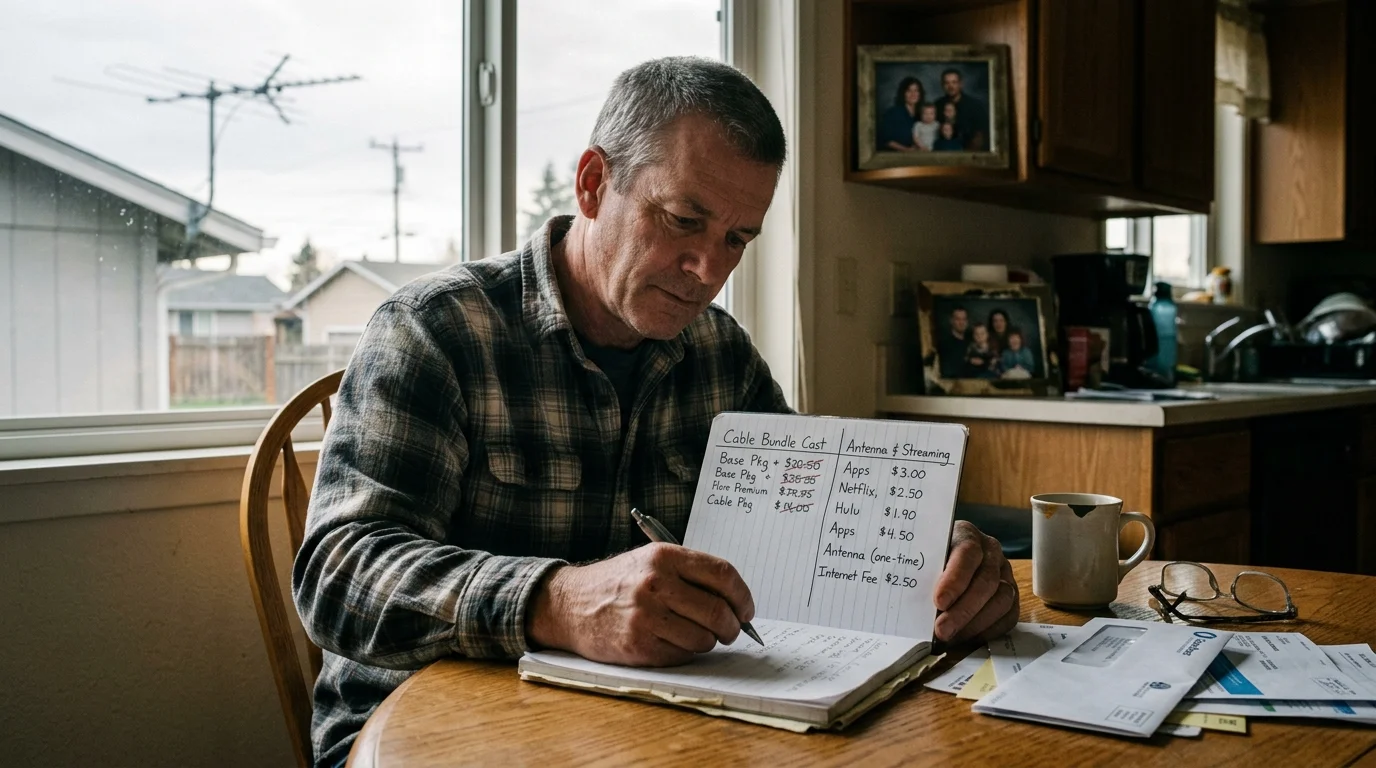 A man sitting at a kitchen table writing a cost comparison between cable bundles and an antenna in a notepad.