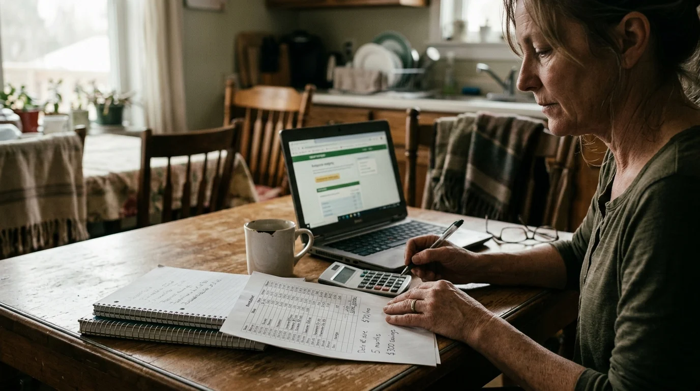 Woman sitting at a wooden table reviewing financial notes beside an open laptop, calculator, and coffee mug.