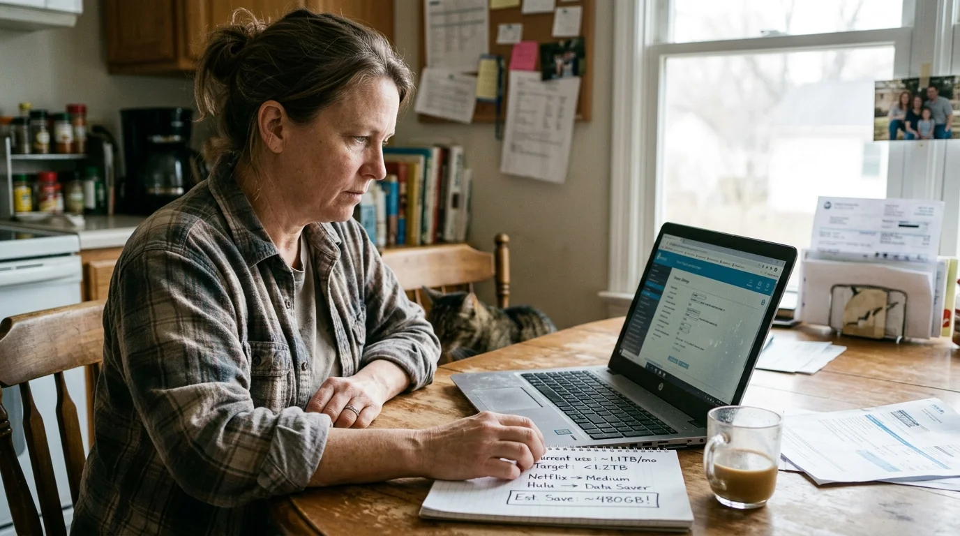 A woman sits at a wooden kitchen table using a laptop next to handwritten notes calculating streaming data savings.