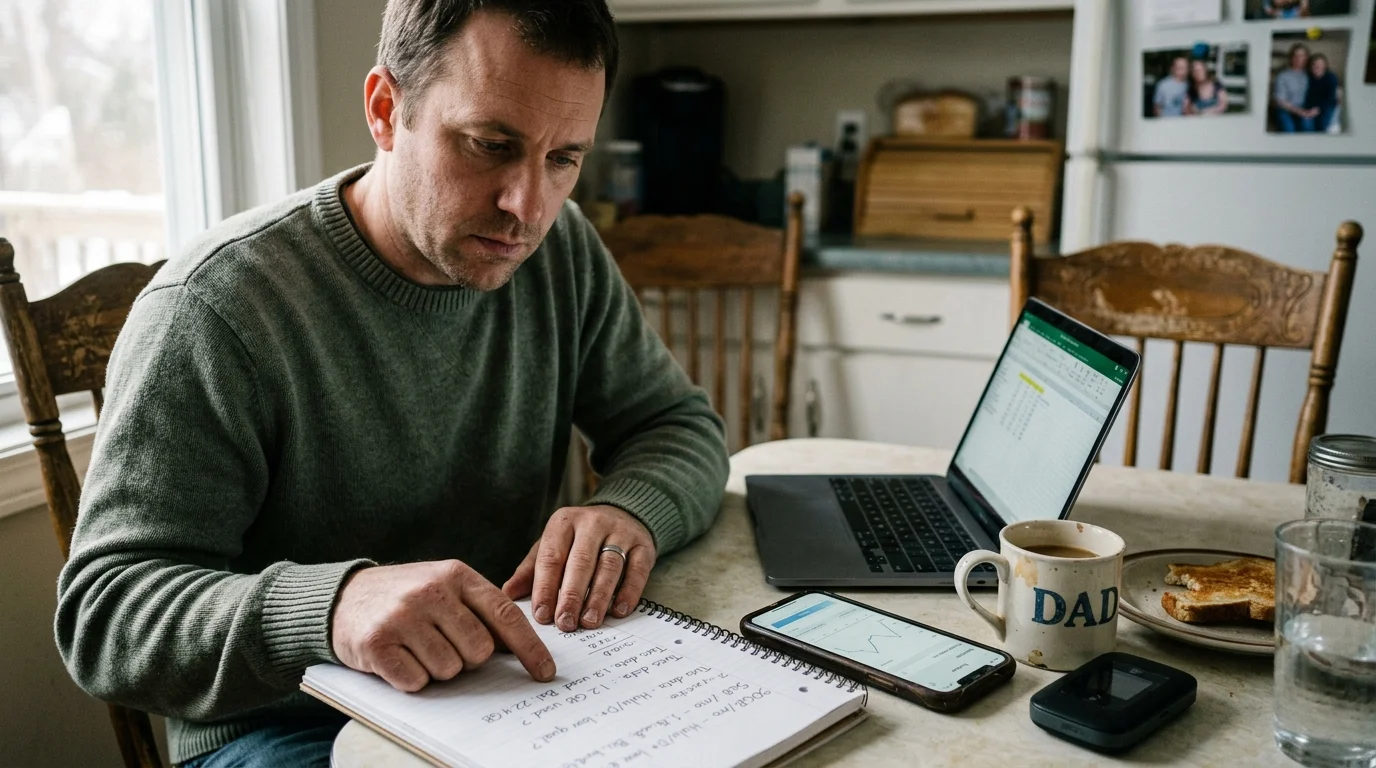 A man sits at a kitchen table reviewing handwritten notes beside a laptop, smartphone, hotspot device, and coffee mug.