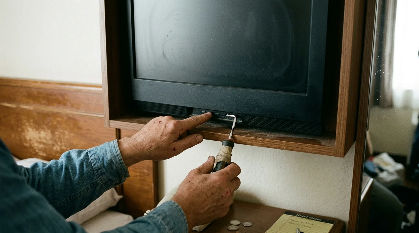 A person presses a button on a television mounted inside a wooden cabinet while holding a taped screwdriver.