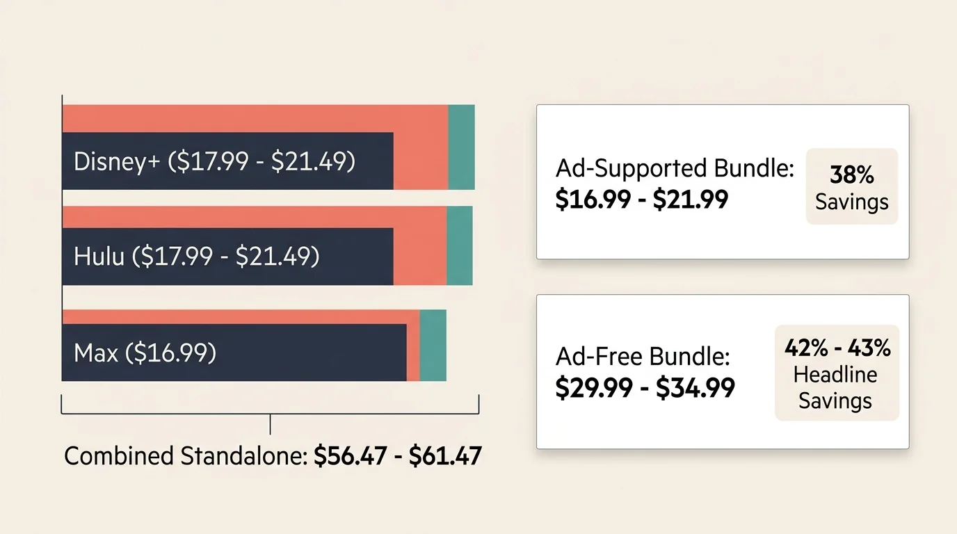 Bar chart comparing standalone Disney+, Hulu, and Max costs against ad-supported and ad-free bundle prices with savings rates.