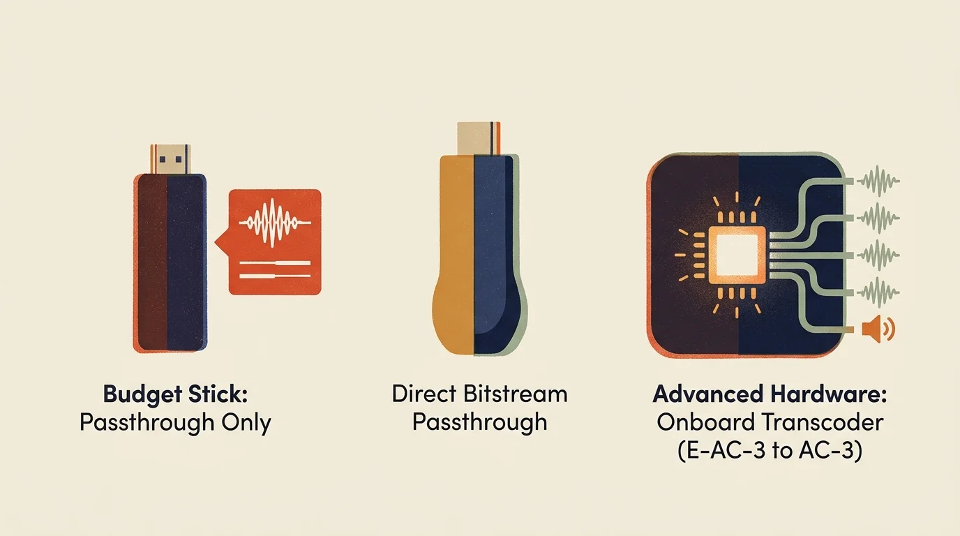 Illustration comparing a budget streaming stick with audio passthrough to an advanced device with an onboard transcoder chip.