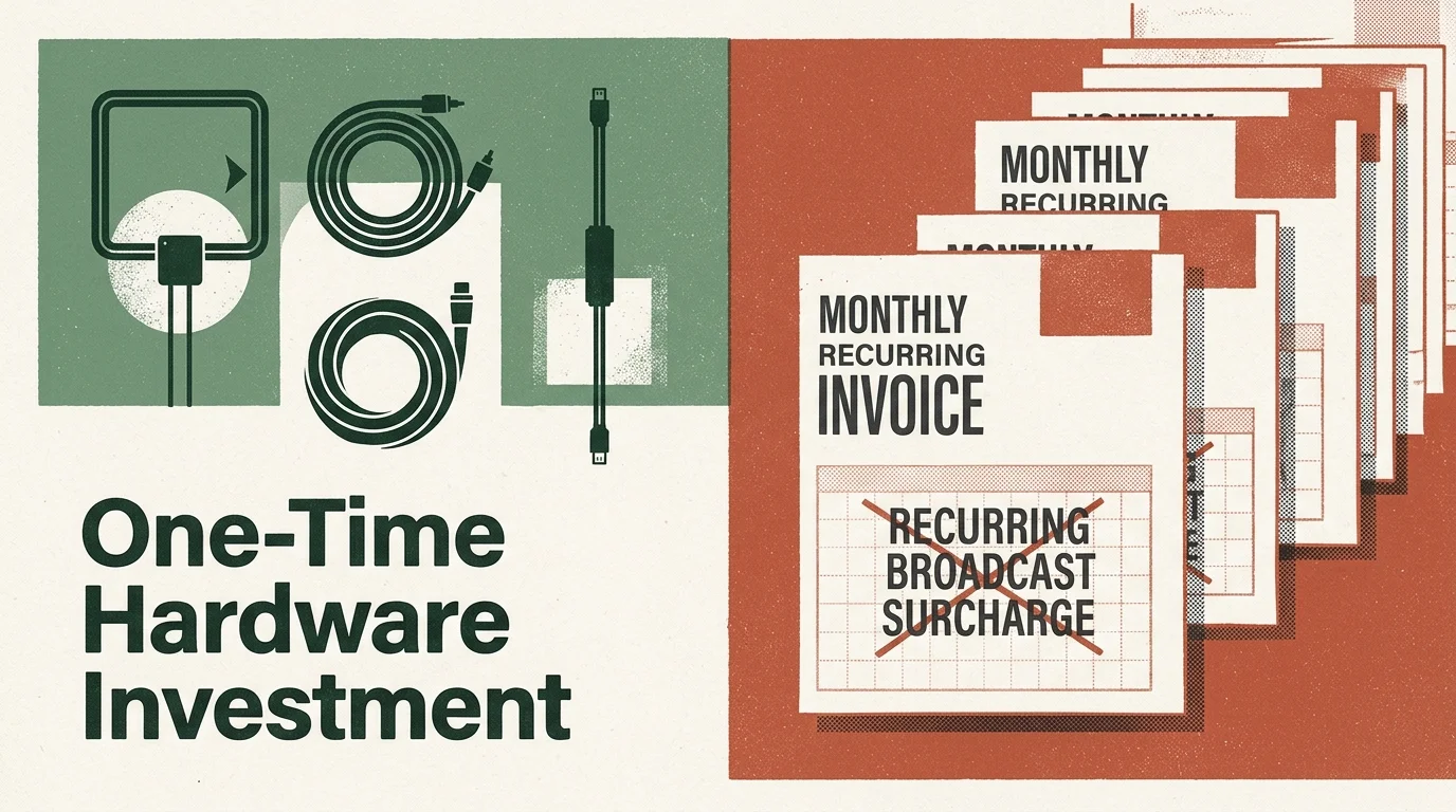Graphic comparing antenna and cables labeled One-Time Hardware Investment against stacked monthly recurring invoices.