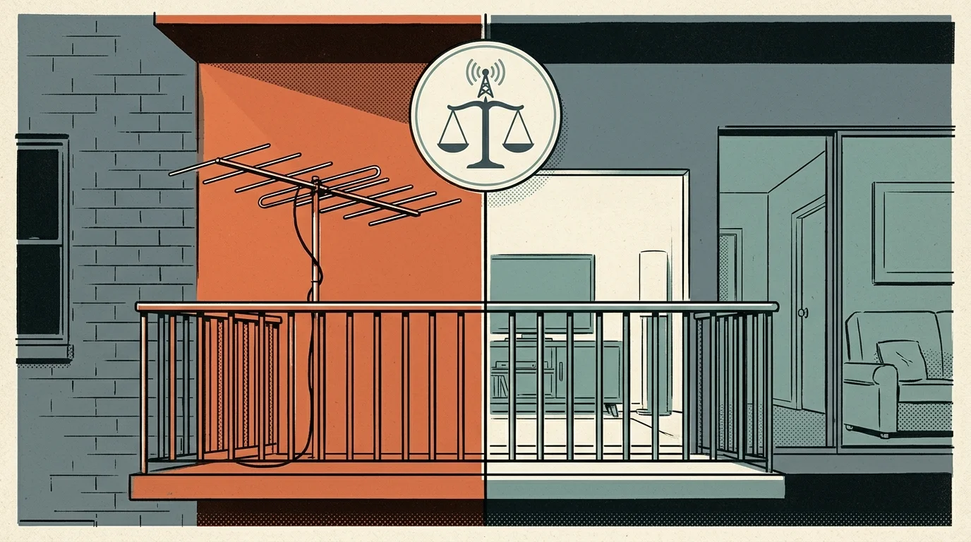 Split illustration of an apartment balcony with a television antenna alongside a living room, beneath a legal scales icon.