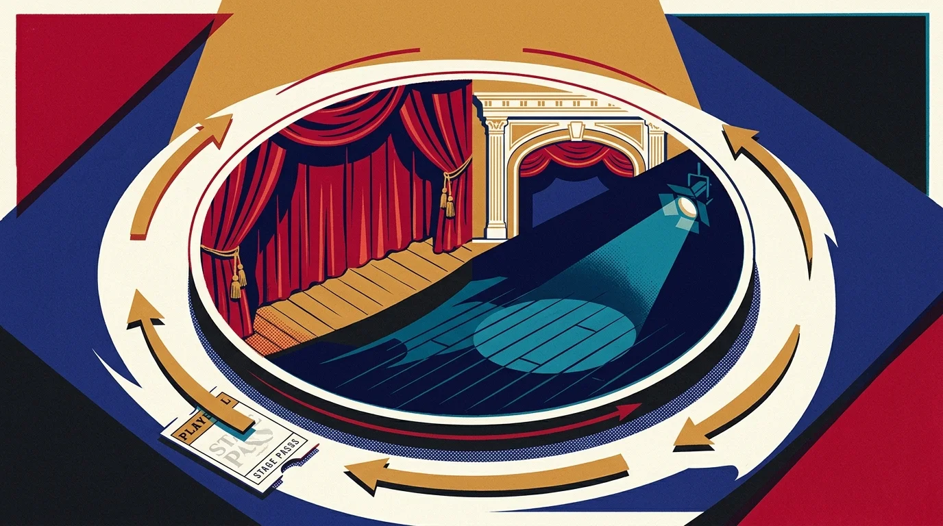 Illustration of a theater stage with red curtains and a spotlight, encircled by rotating arrows and ticket stubs.