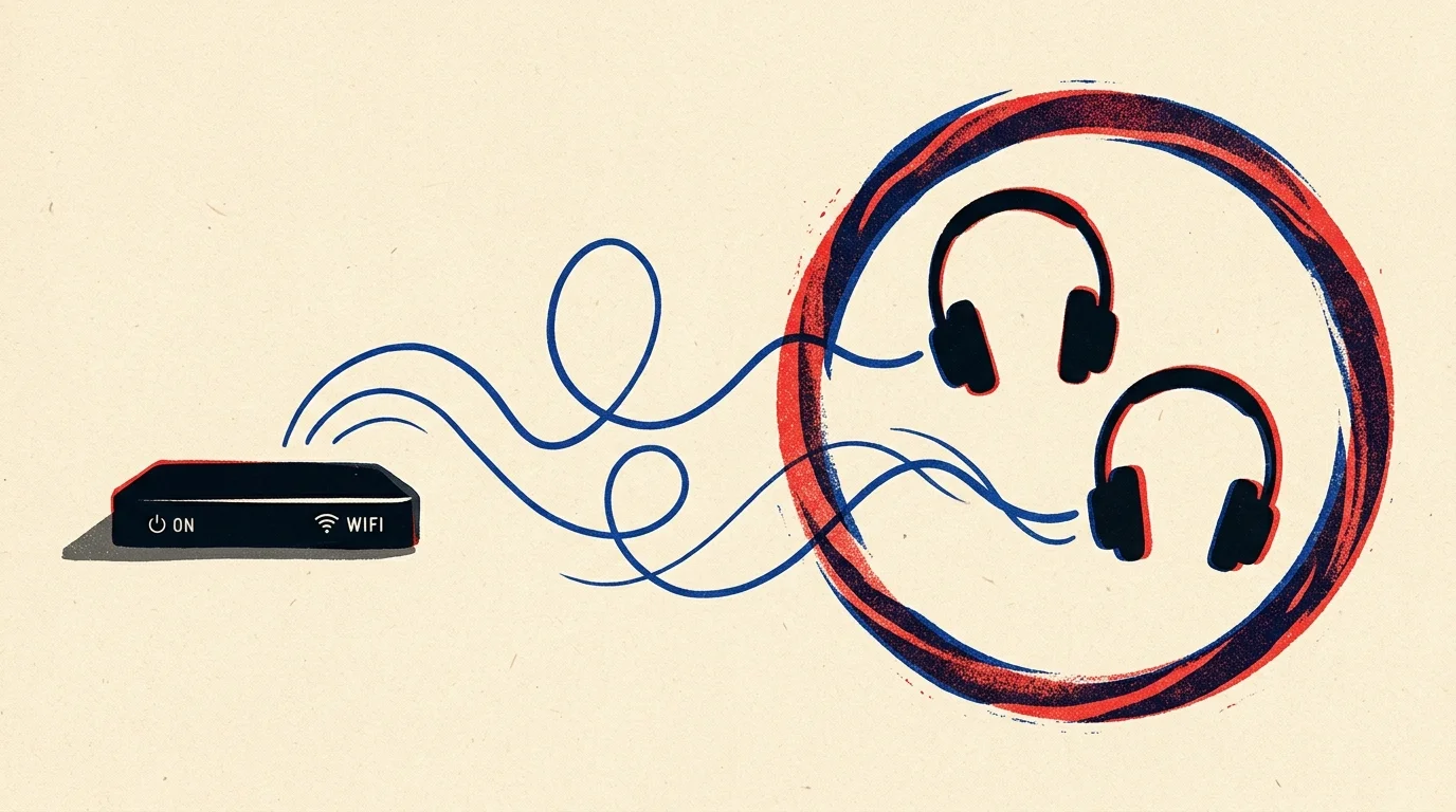 Illustration of a black streaming box emitting curved blue sound waves toward two headphones encircled in red and blue.