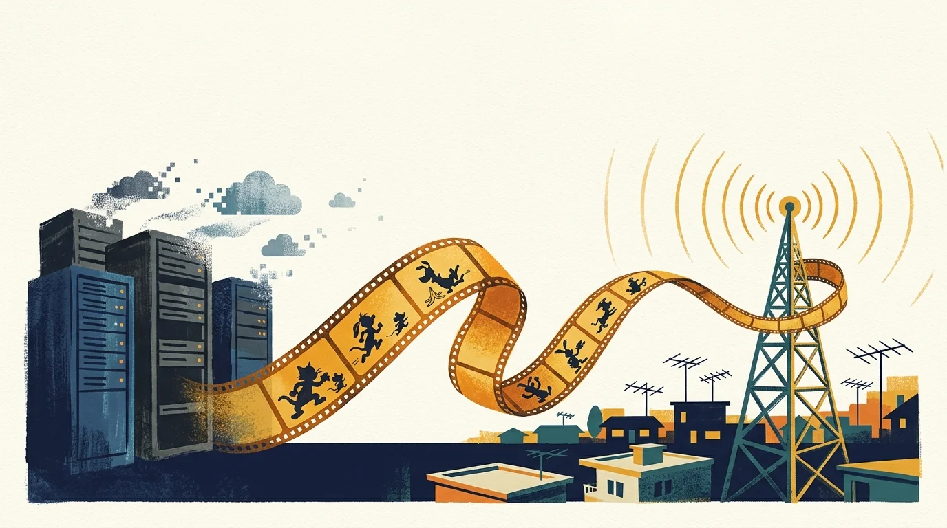 Illustration of cartoon film reel flowing from server racks across a city skyline to a broadcasting radio antenna tower.