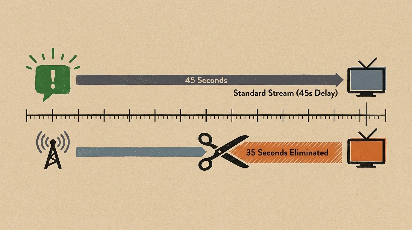 Diagram comparing a 45-second stream delay with scissors cutting away 35 seconds on an antenna broadcast timeline.