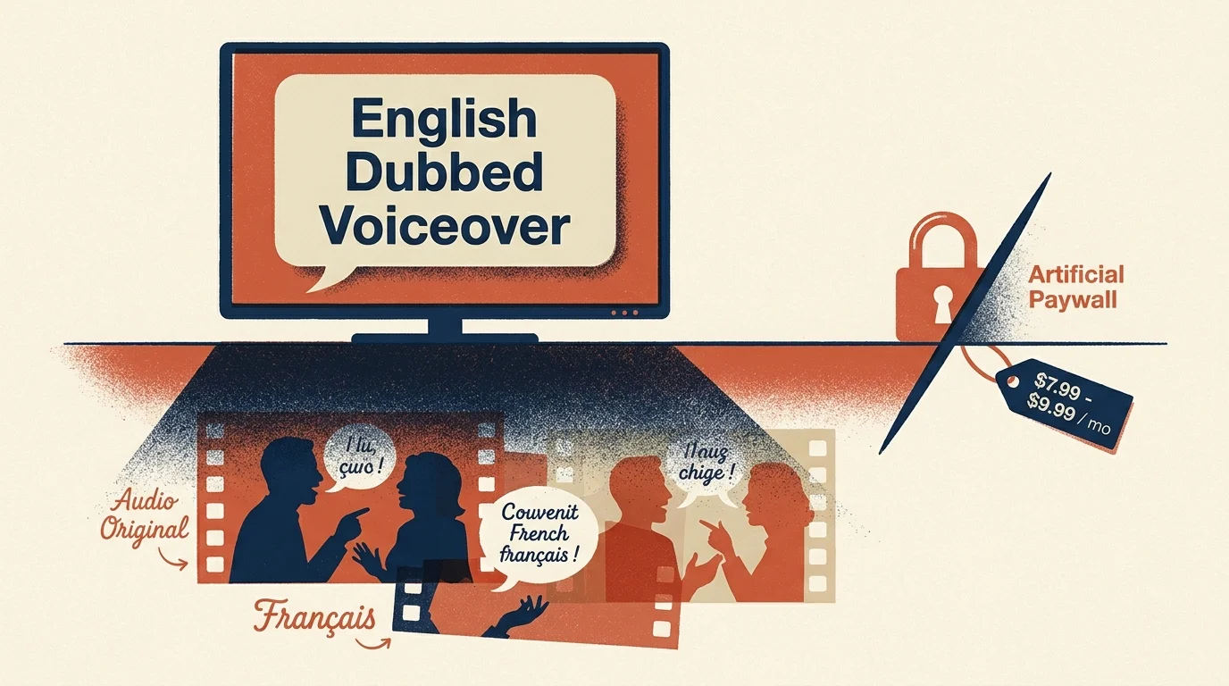 Illustration of a TV displaying English Dubbed Voiceover above French film strips and a locked paywall with a price tag.