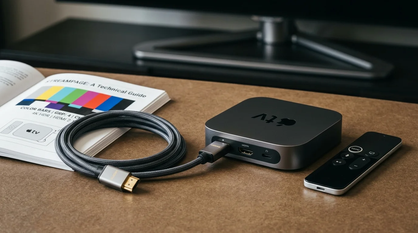 Apple TV console with remote, coiled HDMI cable, and an open technical guide on a table in front of a television.
