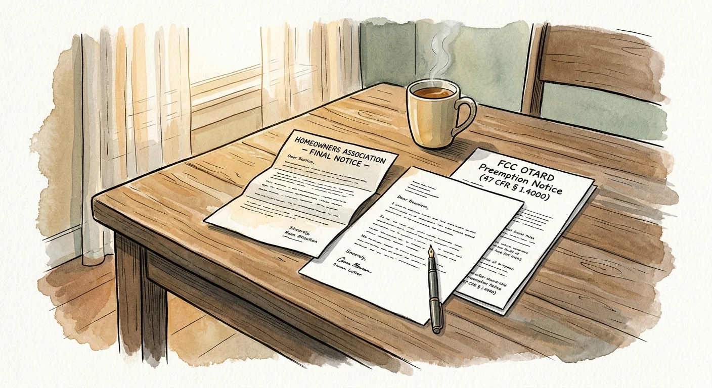 Watercolor illustration of HOA violation papers, an FCC OTARD preemption notice, a pen, and a coffee mug on a wooden table.