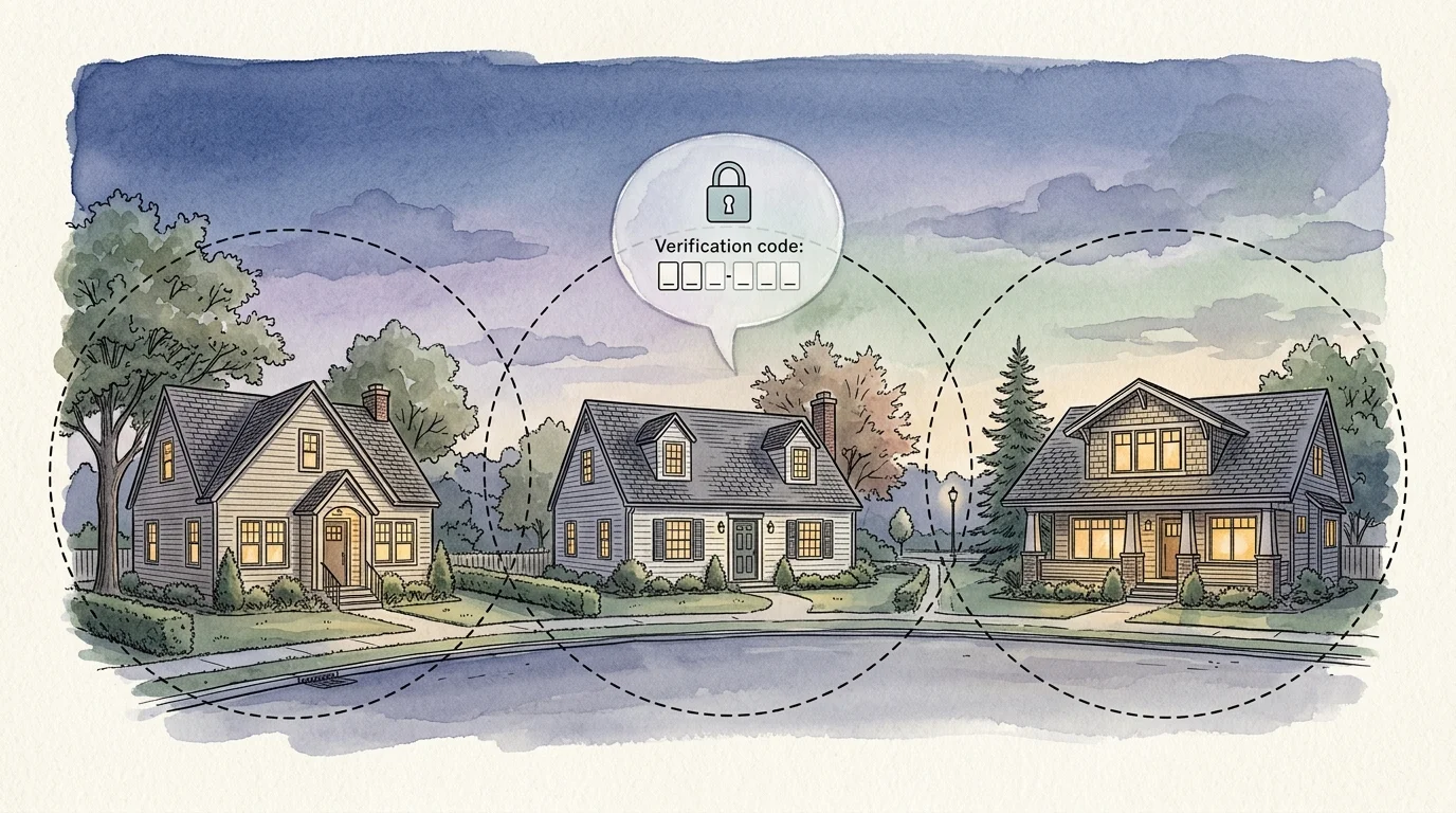 Watercolor illustration of three suburban houses circled by dotted boundaries, with a lock and verification prompt bubble.