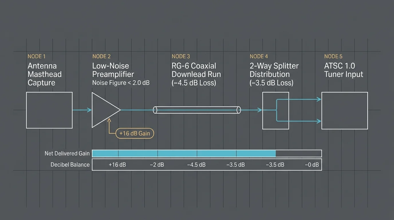 Diagram of a five-node antenna signal chain tracking decibel gain and losses from masthead capture to tuner input.