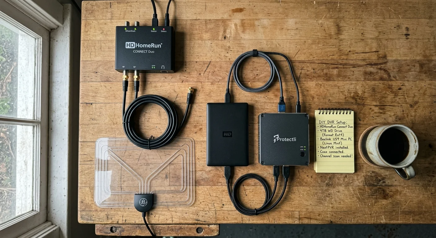 HDHomeRun tuner, flat antenna, external WD hard drive, Protectli mini PC, and notes arranged on a wooden desk.