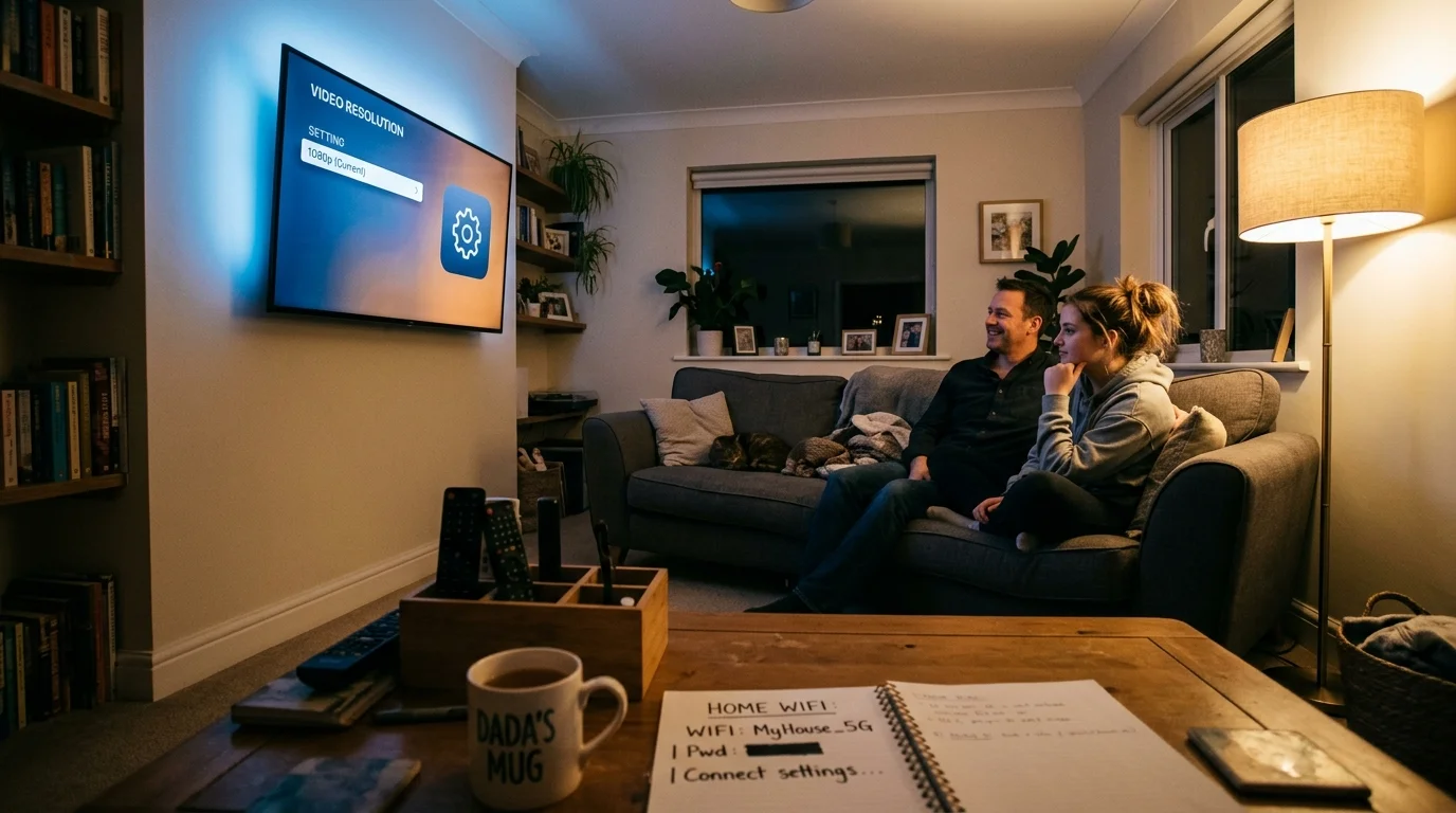 A couple sits on a living room sofa looking at a wall-mounted TV showing video resolution settings set to 1080p.