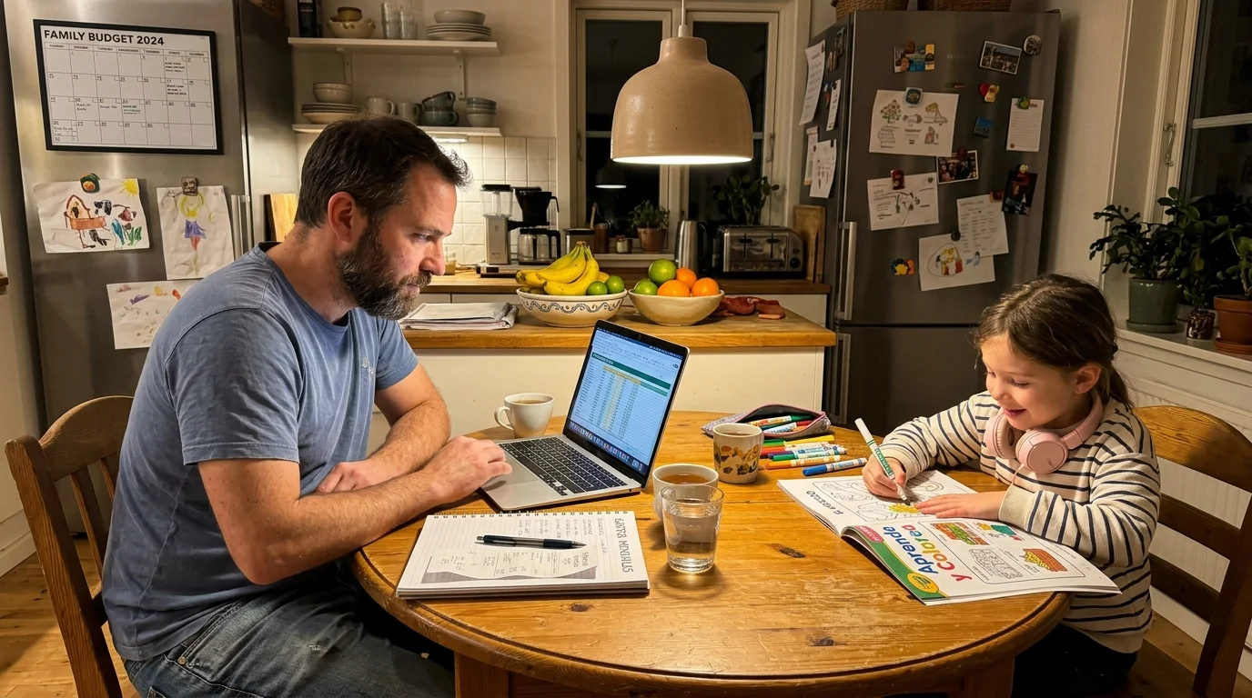 A man works on a laptop at a kitchen table beside a young girl coloring in an activity book.
