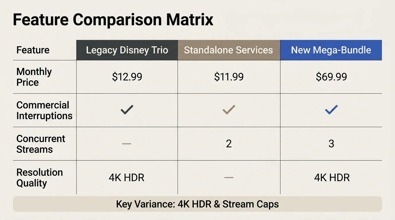 Feature comparison matrix table comparing Legacy Disney Trio, Standalone Services, and New Mega-Bundle pricing and features.