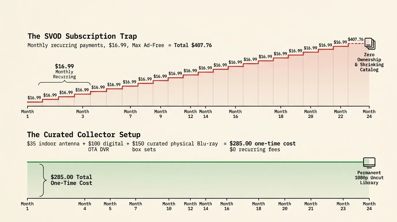 Chart comparing rising cumulative SVOD subscription costs to a flat one-time equipment cost over 24 months.