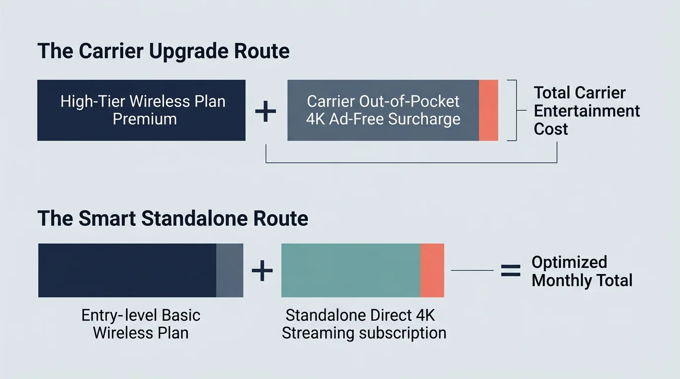 Diagram comparing the carrier upgrade route with the standalone route using colored stacked bars and formula labels.