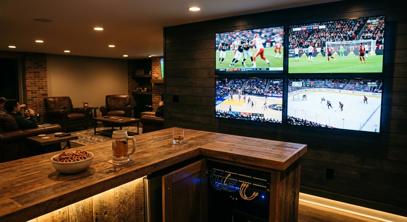 Four wall-mounted TVs playing sports above a rustic wooden bar with networking equipment visible in a cabinet below.