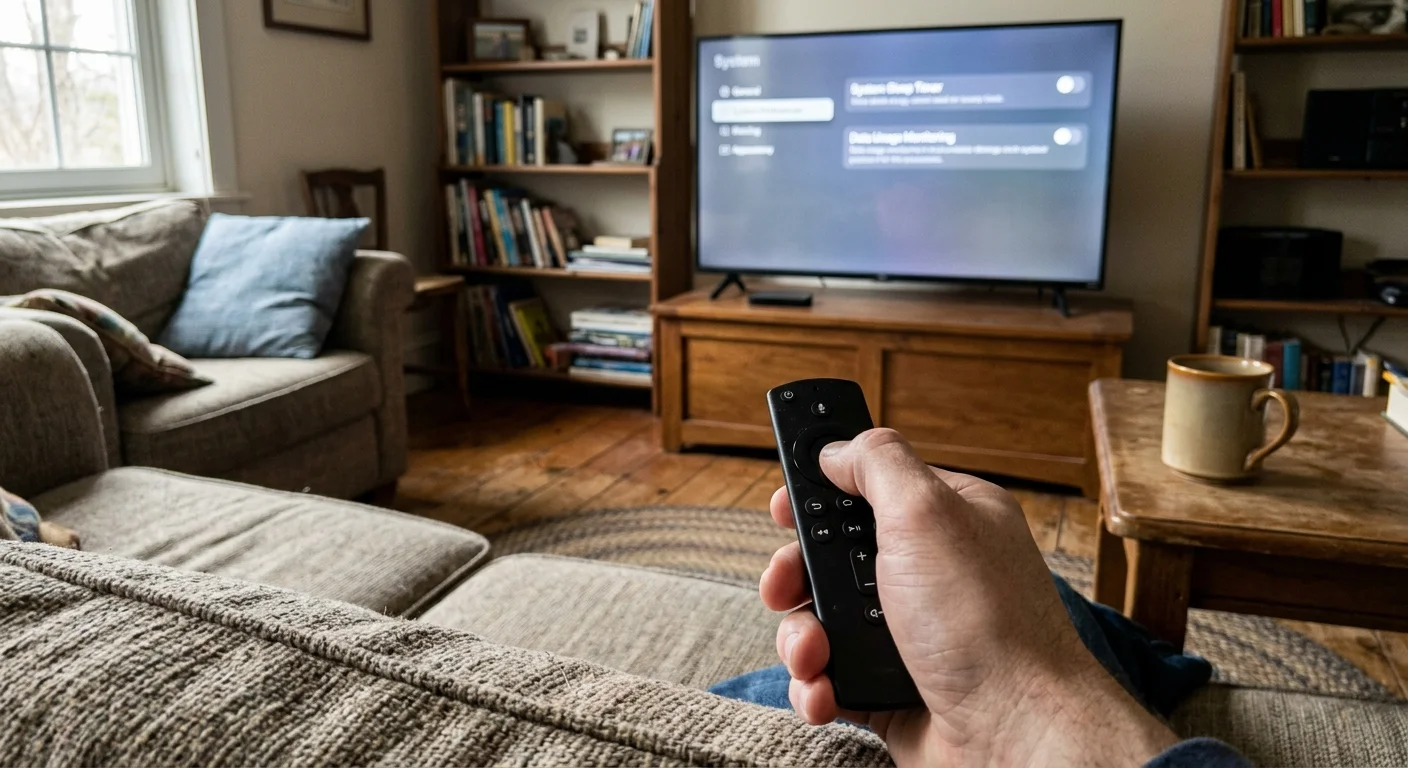 Hand pointing a black remote control at a flat-screen television displaying a system settings menu in a living room.