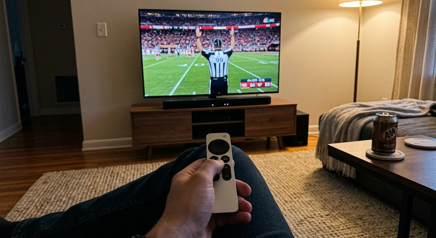 Person holding an Apple TV remote in a living room while watching an NFL football game on a flat-screen television.