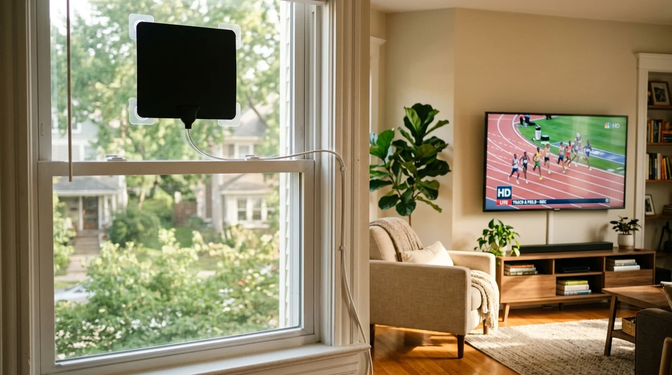 Black flat indoor antenna stuck to a window, with a wire running toward a living room television playing sports.
