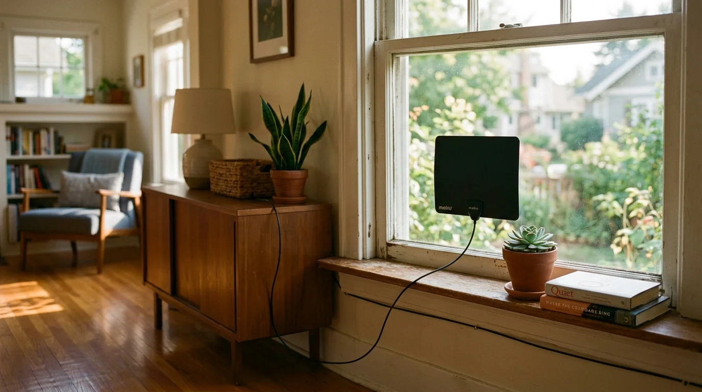 A flat black digital TV antenna mounted on a living room window pane beside a potted plant on the sill.