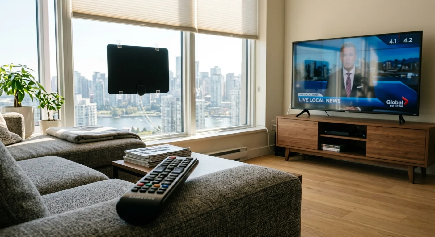 Modern living room with a remote on the sofa arm, an indoor antenna on the window, and a TV showing the news.