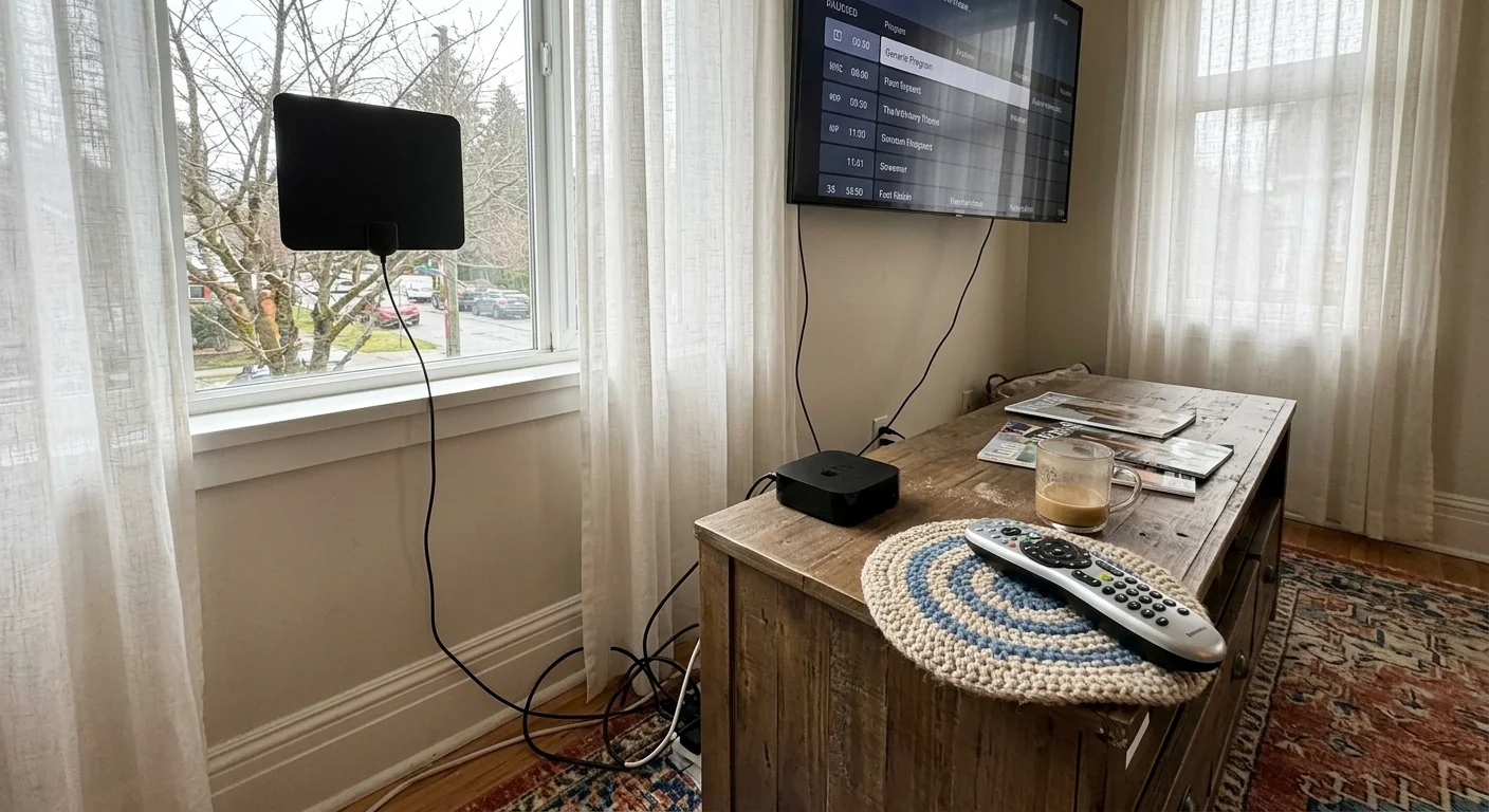 Flat black antenna mounted on a window next to a wall-mounted TV, streaming box, and remote control on a wooden console.